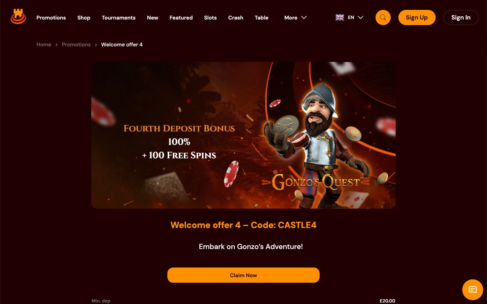 Spins Castle fourth deposit card: 100% and 100 free spins on Gonzo's Quest